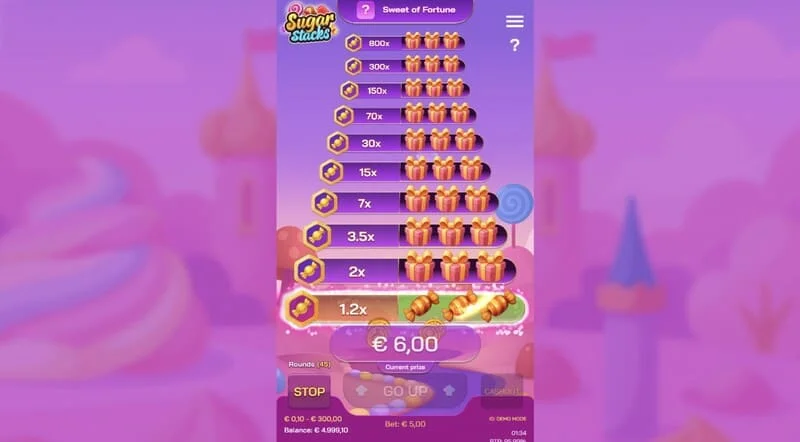 Sugar Stacks – víťazný krok s podsvietením aktuálneho poschodia a počítadlom násobiteľa